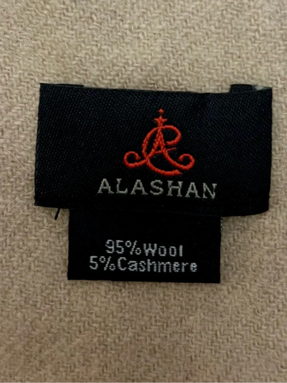 Alashan Tan Wool Cashmere Blend Unisex Fringed Scarf, 12 1/4” x 32-36”